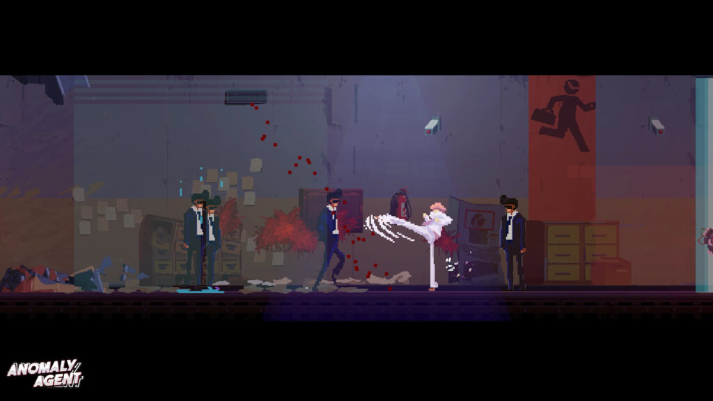 Anomaly Agent gameplay screenshot: A character in a neon-lit cyberpunk city, engaging in fast-paced combat and platforming challenges.